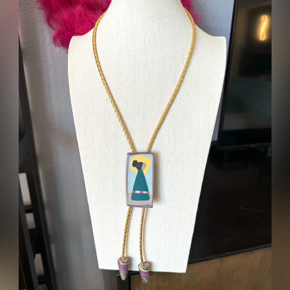 Vintage Artisan Painted Clay Bolo Tie Necklace - Picture 4 of 9